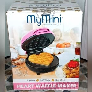 Compact Waffle Maker Heart Shaped MyMini Nostalgia Small Space Non Stick Surface